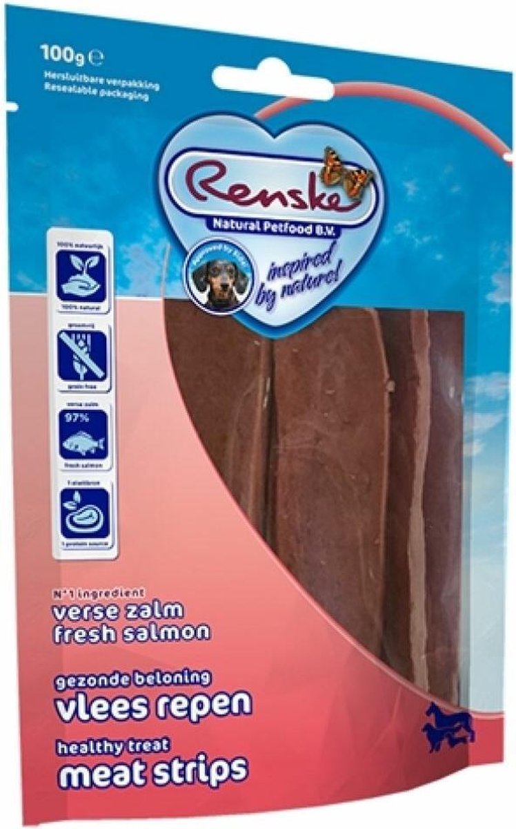 10x Renske Gezonde Beloning Vleesstrips Zalm 100 gr