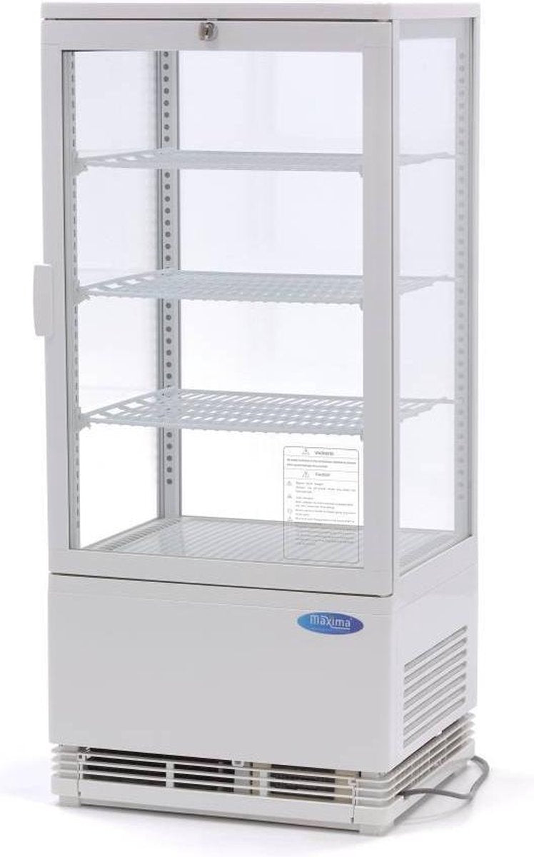 Koelvitrine 78 Liter - Wit - Dubbel Glas - Deur met Slot - Digitale Temp. Control - Met 3 Roosters - Gekoelde Gebaksvitrine - Horeca Vitrine - Maxima