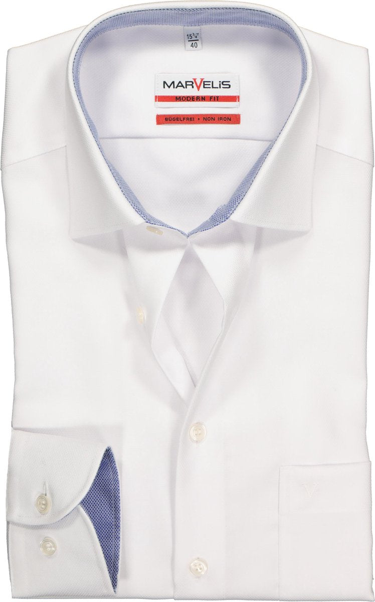 MARVELIS Modern Fit overhemd - wit structuur (contrast) - Strijkvrij - Boordmaat: 42