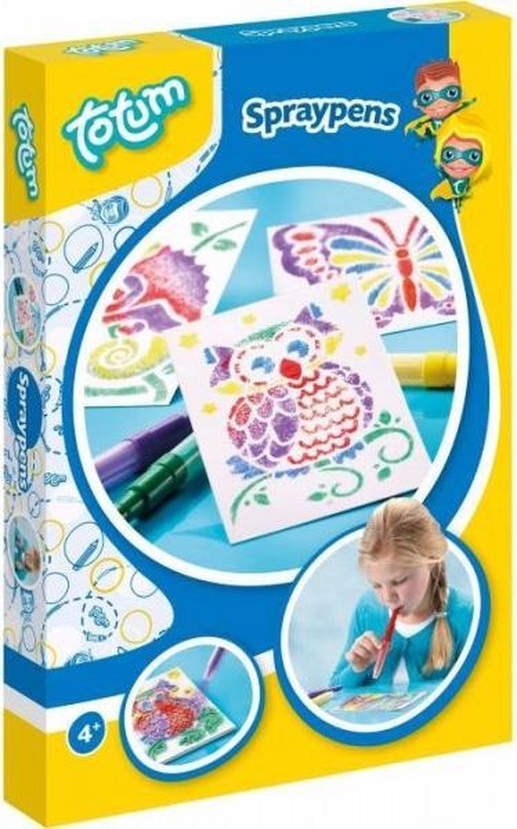 Totum Spraypennen creatief - maak je eigen blaaspenschilderijtjes - 5  kleuren blaaspennen en sjablonen