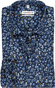 MARVELIS comfort fit overhemd - blauw met oranje gebloemd - Strijkvrij - Boordmaat: 47