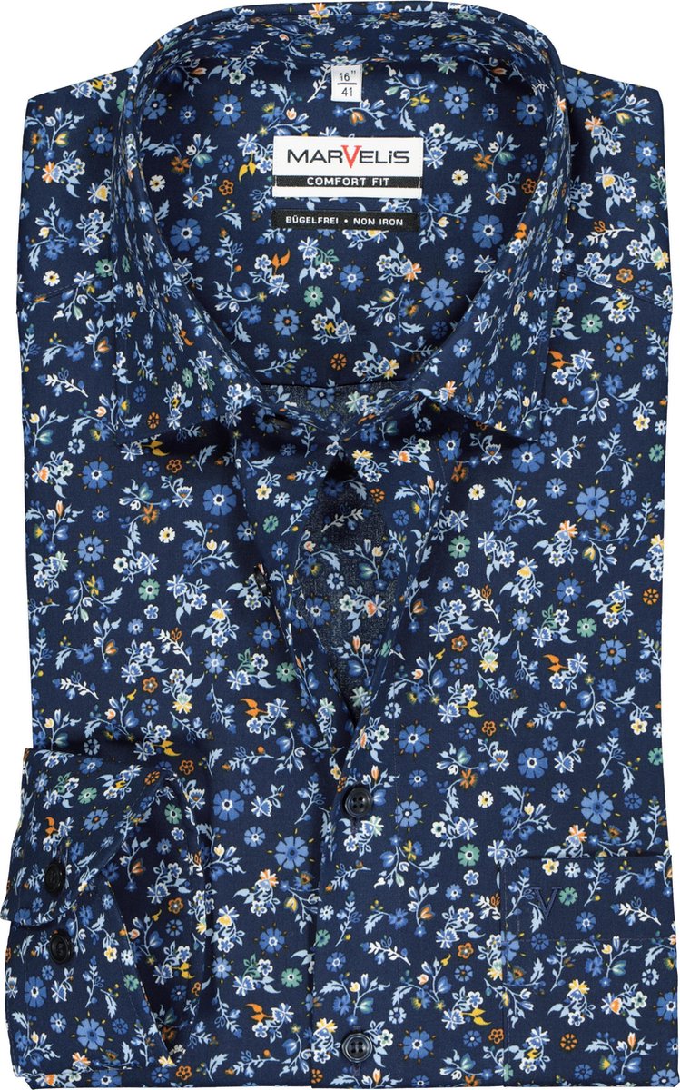 MARVELIS comfort fit overhemd - blauw met oranje gebloemd - Strijkvrij - Boordmaat: 47