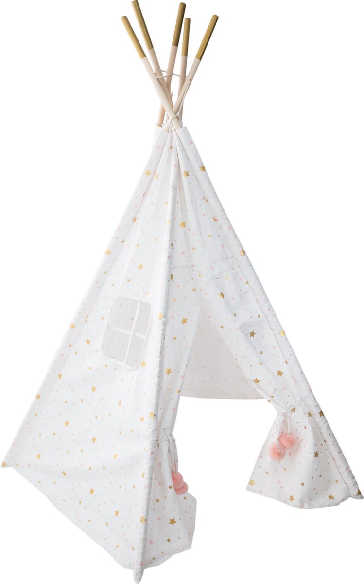 Atmosphera  Kinder-tipi tipi wigwam wit met goude en roze sterren - Speeltent - Hoogte 160 cm - Katoen