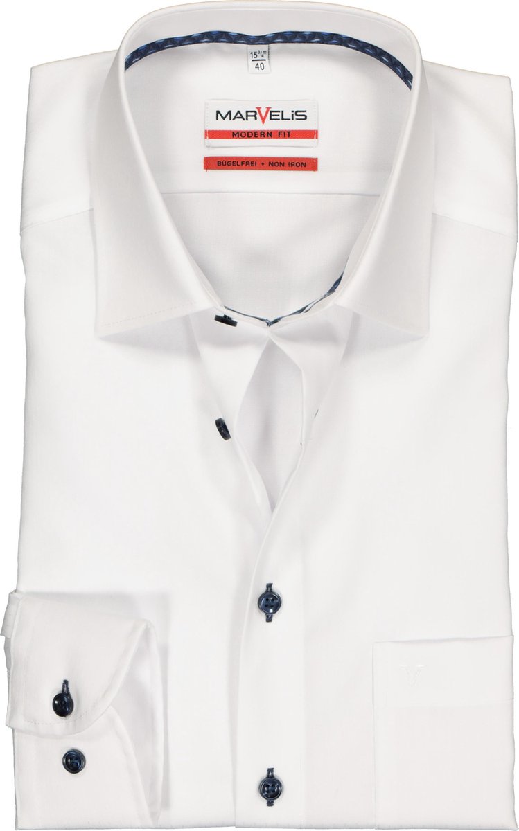 MARVELIS Modern Fit overhemd - wit structuur (contrast) - Strijkvrij - Boordmaat: 40