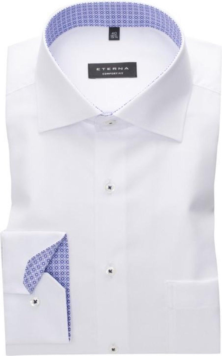 ETERNA comfort fit overhemd - structuur heren overhemd - wit (blauw dessin contrast) - Strijkvrij - Boordmaat: 50