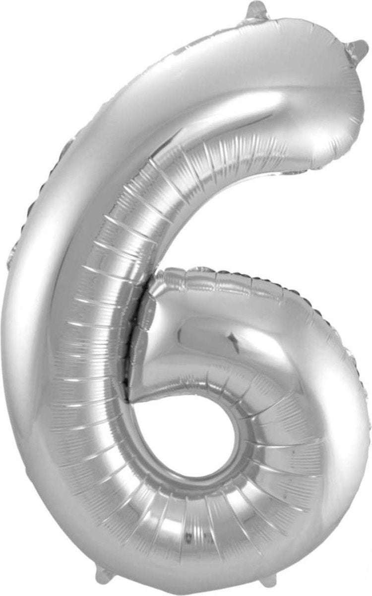 Ballon Cijfer 6 Jaar Zilver Verjaardag Versiering Zilveren Helium Ballonnen Feest Versiering 86 Cm XL Formaat Met Rietje