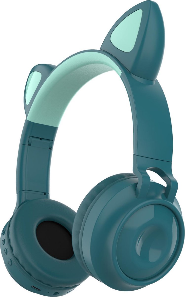 Kinder hoofdtelefoon - koptelefoon Bluetooth met led kattenoortjes miauw blauw - petrol