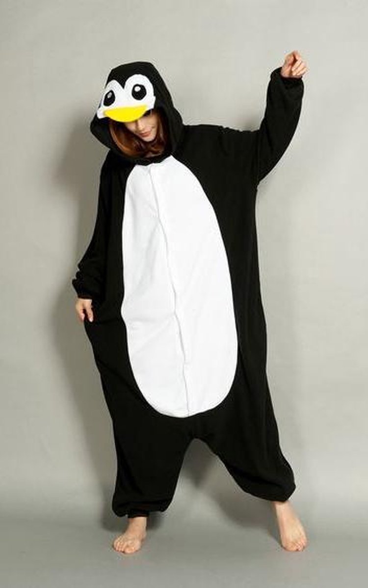 KIMU Onesie pinguin kinder pakje zwart wit kostuum - maat 110-116 - pinguinpak jumpsuit pyjama