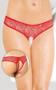 Softline - Dames Lingerie - Sexy Kanten String met Open Kruis en Open Achterkant - Uitdagend Bloemen Motief - Doorschijnend - M/L - Rood