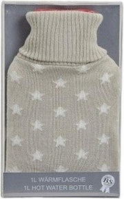 Kruik met  beige gebreide hoes en sterren 1 liter - warmwaterkruik