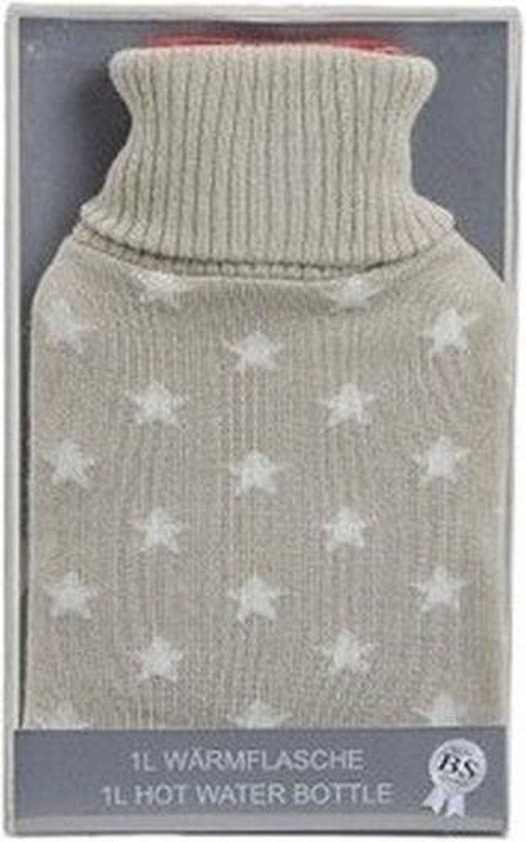 Kruik met  beige gebreide hoes en sterren 1 liter - warmwaterkruik