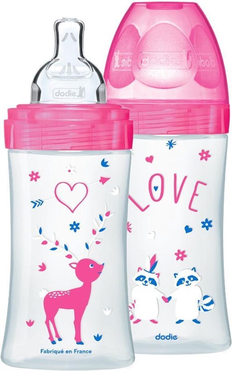 Dodie fles 2 stuks 0-6 mnd 2 druppels 270 ml roze