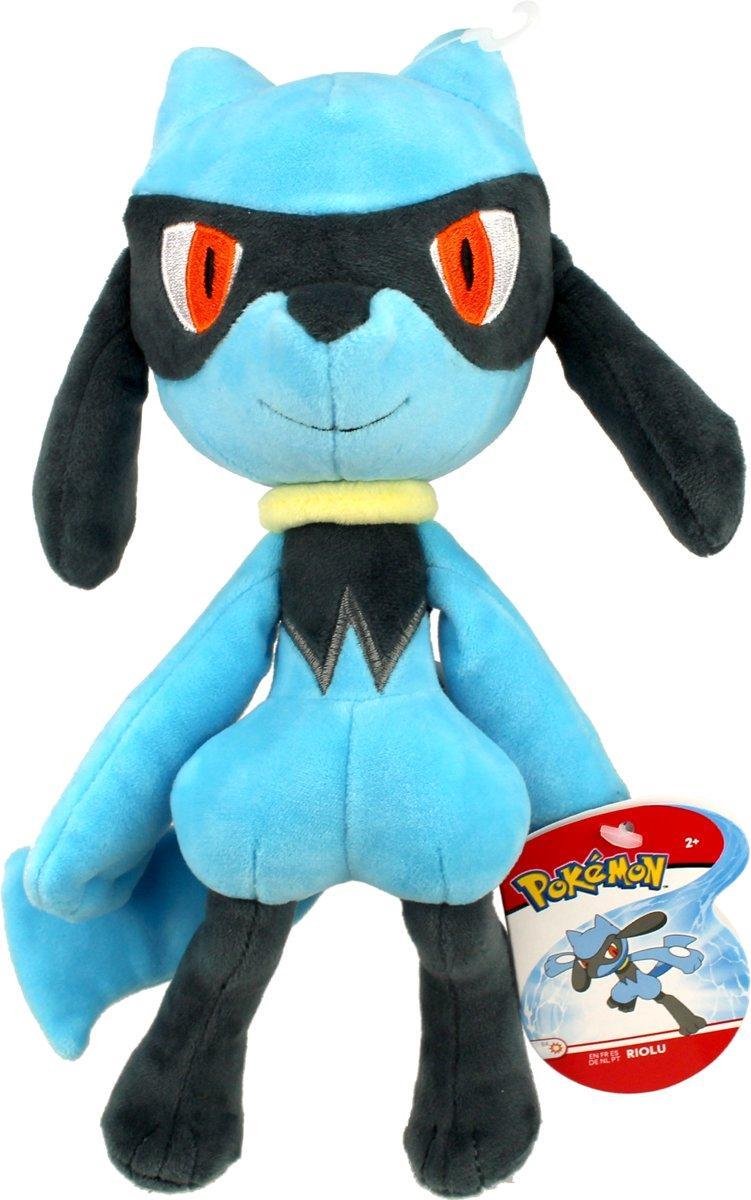 Riolu Pluche Pokemon Knuffel 27 cm + Charizard Sticker! | Lucario Plush Pokémon Toy | Knuffelpop Knuffeldier voor kinderen | Speelgoed knuffel officiële licentie | Pikachu Snorlax Eevee Bulbasaur Squirtle Charmander