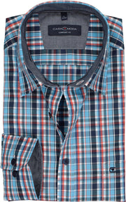 Casa Moda Sport Comfort Fit overhemd - turquoisen met rood - blauw en wit geruit (contrast) - Strijkvriendelijk - Boordmaat: 53/54
