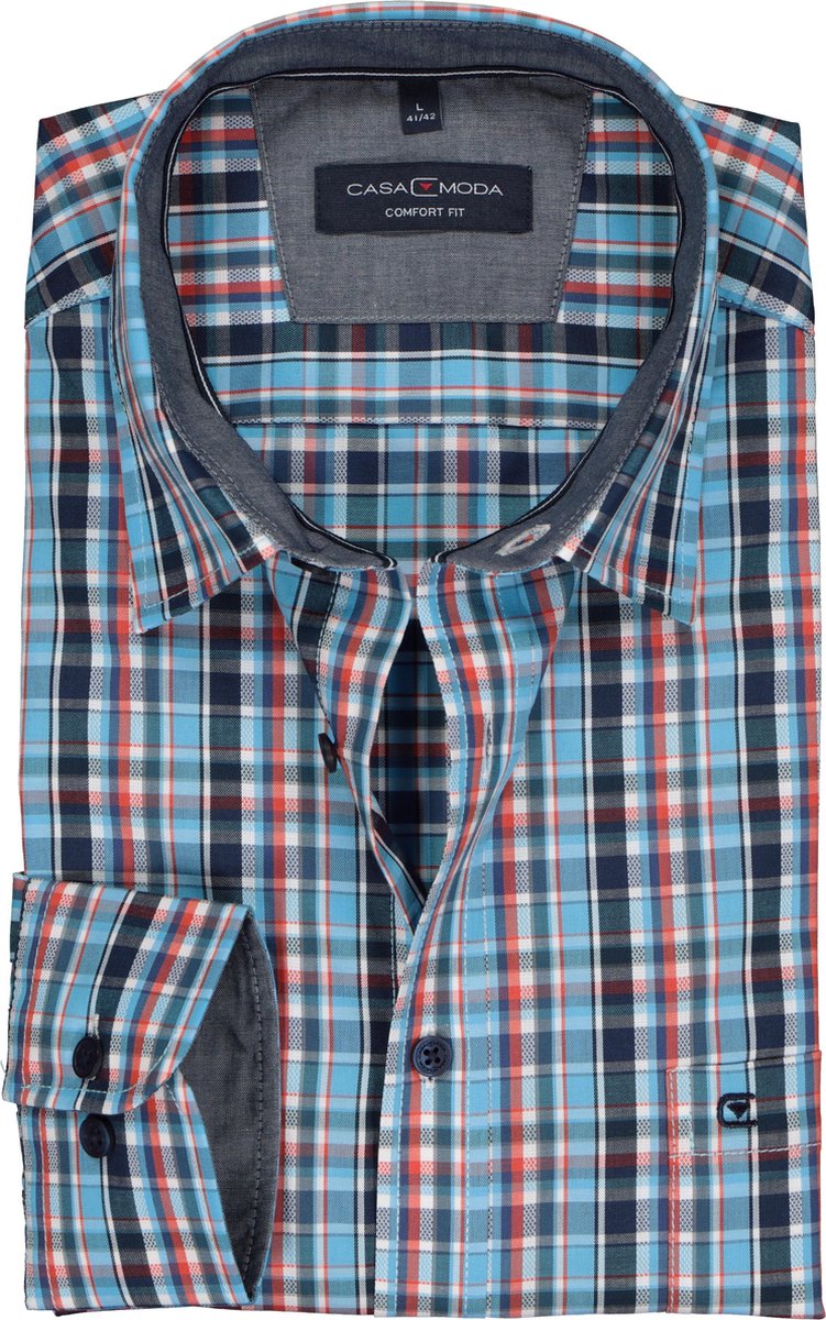 Casa Moda Sport Comfort Fit overhemd - turquoisen met rood - blauw en wit geruit (contrast) - Strijkvriendelijk - Boordmaat: 53/54