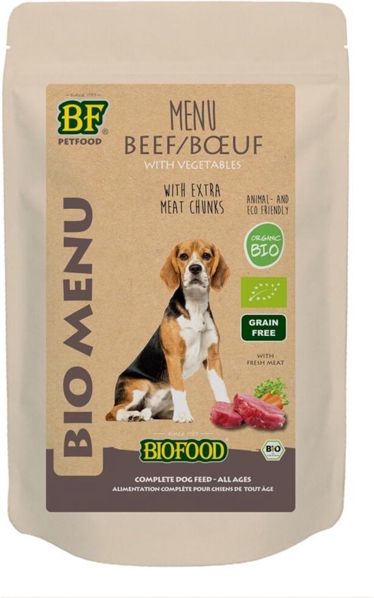 150 gr Biofood organic hond rund menu pouch hondenvoer