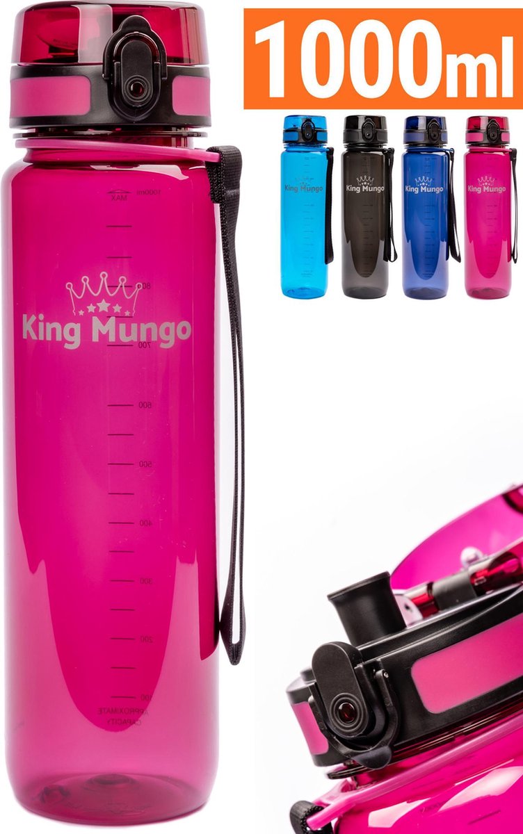1 Liter Drinkfles - Vaatwasserbestendig - Sport Bidon Drinkbus King Mungo 1000ml Paars/rood