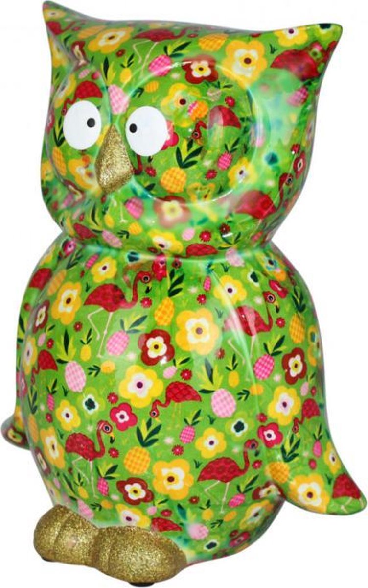 Pomme pidou spaarpot uil 'Big Bo' XL groen met een opdruk van bloemetjes en flamingo's