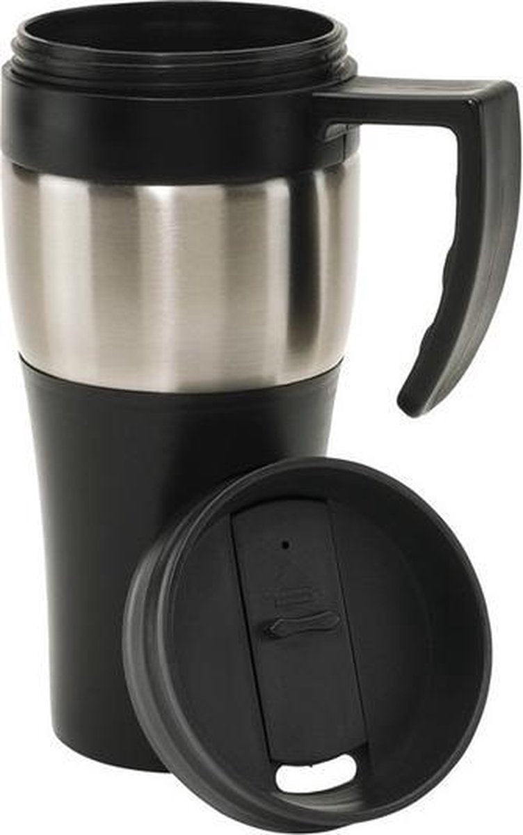 5x Thermosbekers/warmhoudbekers met handgreep zilver/zwart 400 ml - Thermo koffie/thee isoleerbekers dubbelwandig met schroefdop