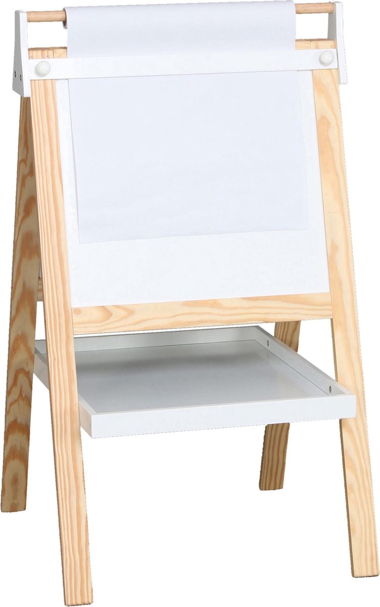 Leuke 2-in-1 Krijtbord en Papierbord – Wit/Hout– Kinder Schrijfbord – Tekenbord – Krijt en Papier – 95x56x48cm – Met 5m Papierrol