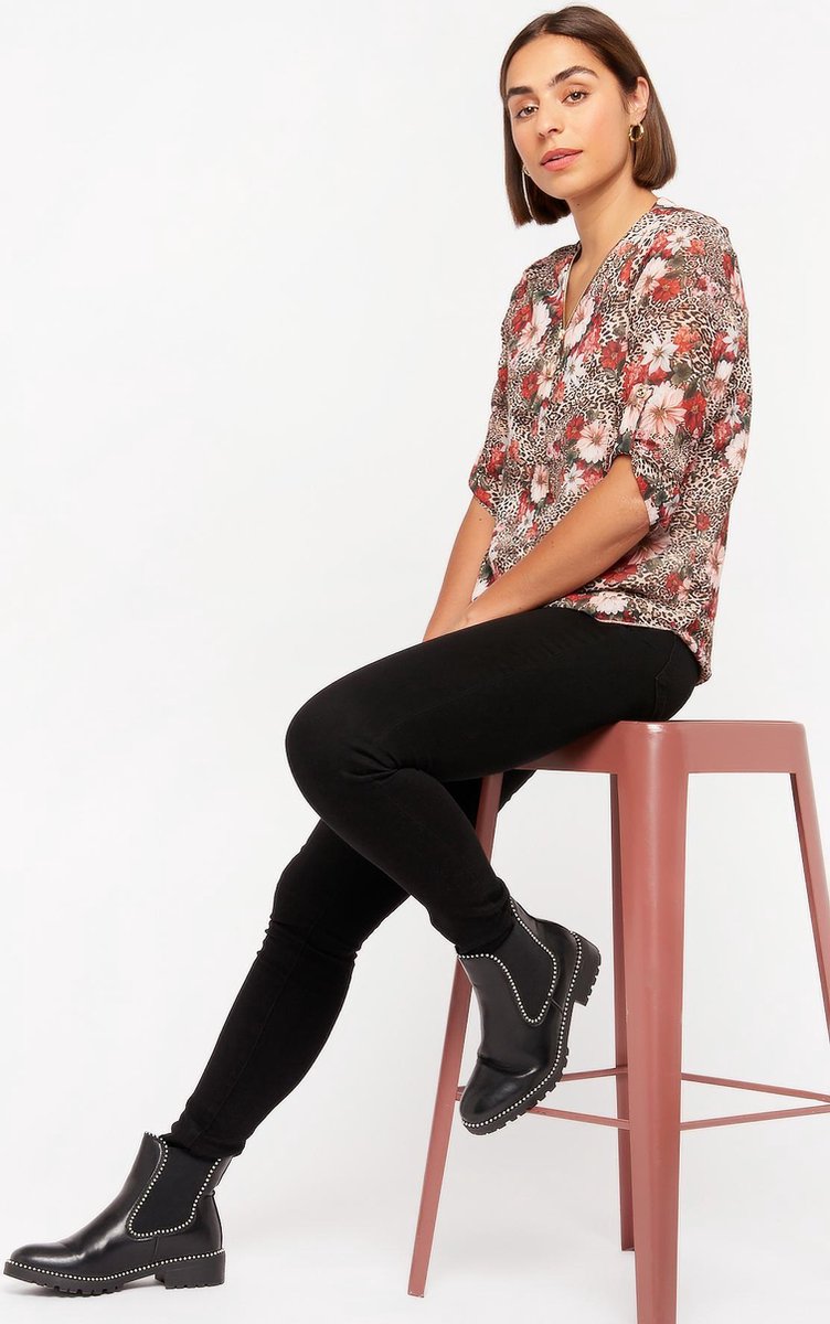 Blouse met rits en bloemenprint - Beige