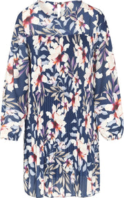 Cassis - Jurk in plissévoile met bloemenprint - Marineblauw