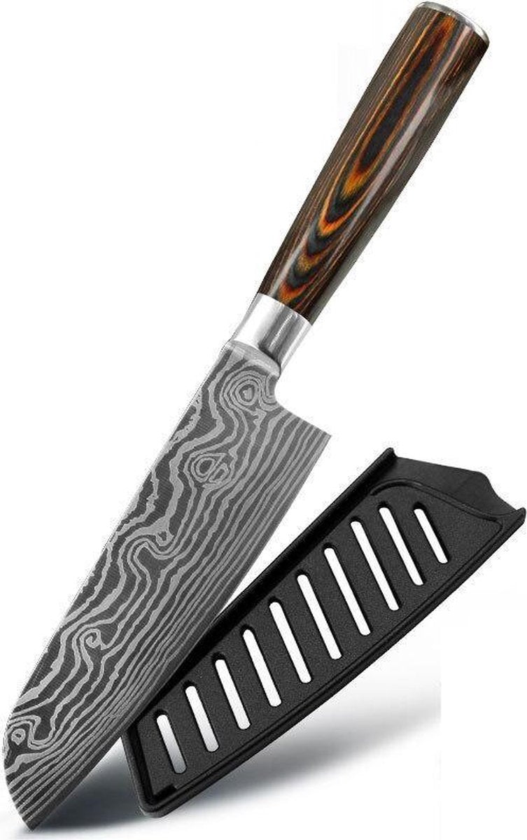 Professioneel Japans Koksmes - Santoku - 24cm - RVS - Vlijmscherp - Keuken - 67 Lagen - 58-60HC - Carbon - Damastmes - Damascus - Damascuspatroon - Santokumes