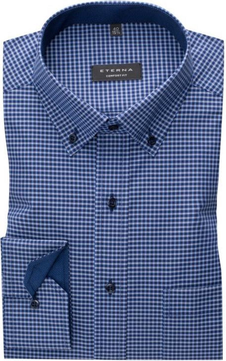 ETERNA comfort fit overhemd - poplin heren overhemd - blauw geruit (contrast) - Strijkvrij - Boordmaat: 48