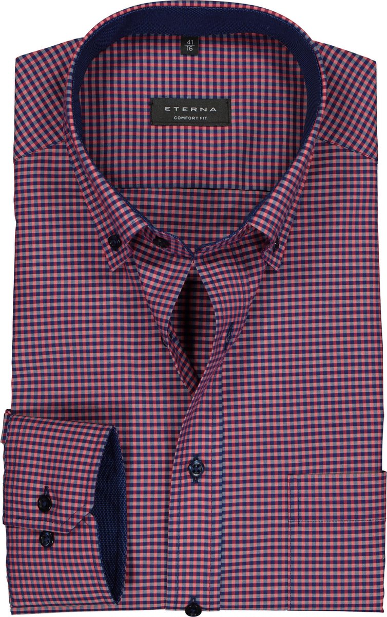 ETERNA comfort fit overhemd - poplin heren overhemd - rood met blauw geruit (contrast) - Strijkvrij - Boordmaat: 47