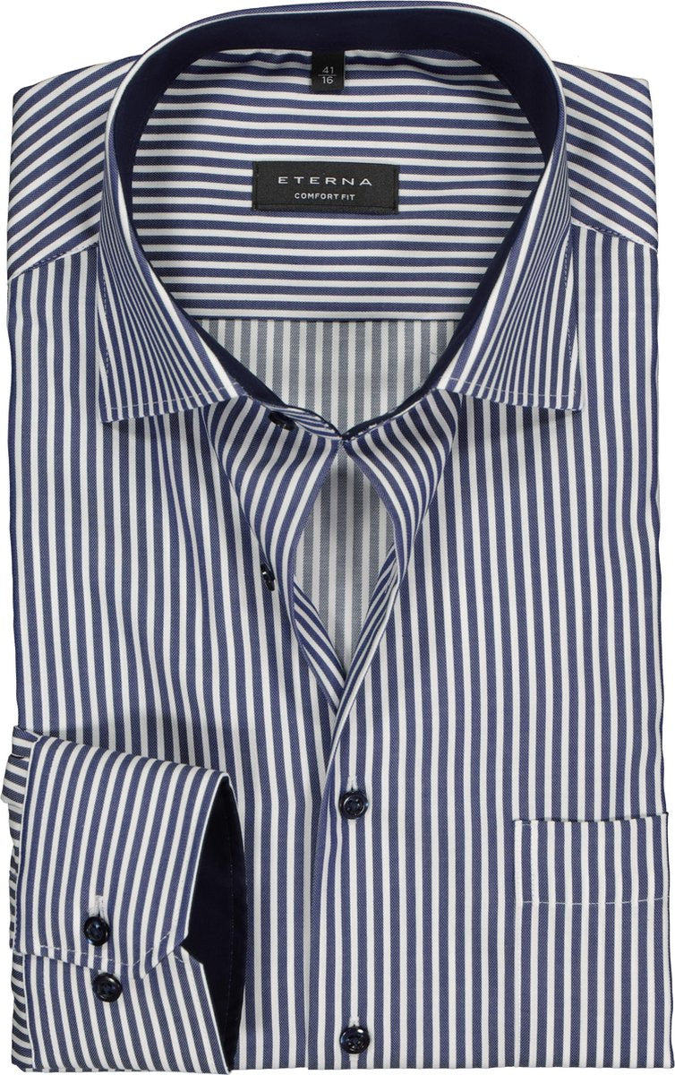 ETERNA comfort fit overhemd - twill heren overhemd - blauw met wit gestreept (contrast) - Strijkvrij - Boordmaat: 48