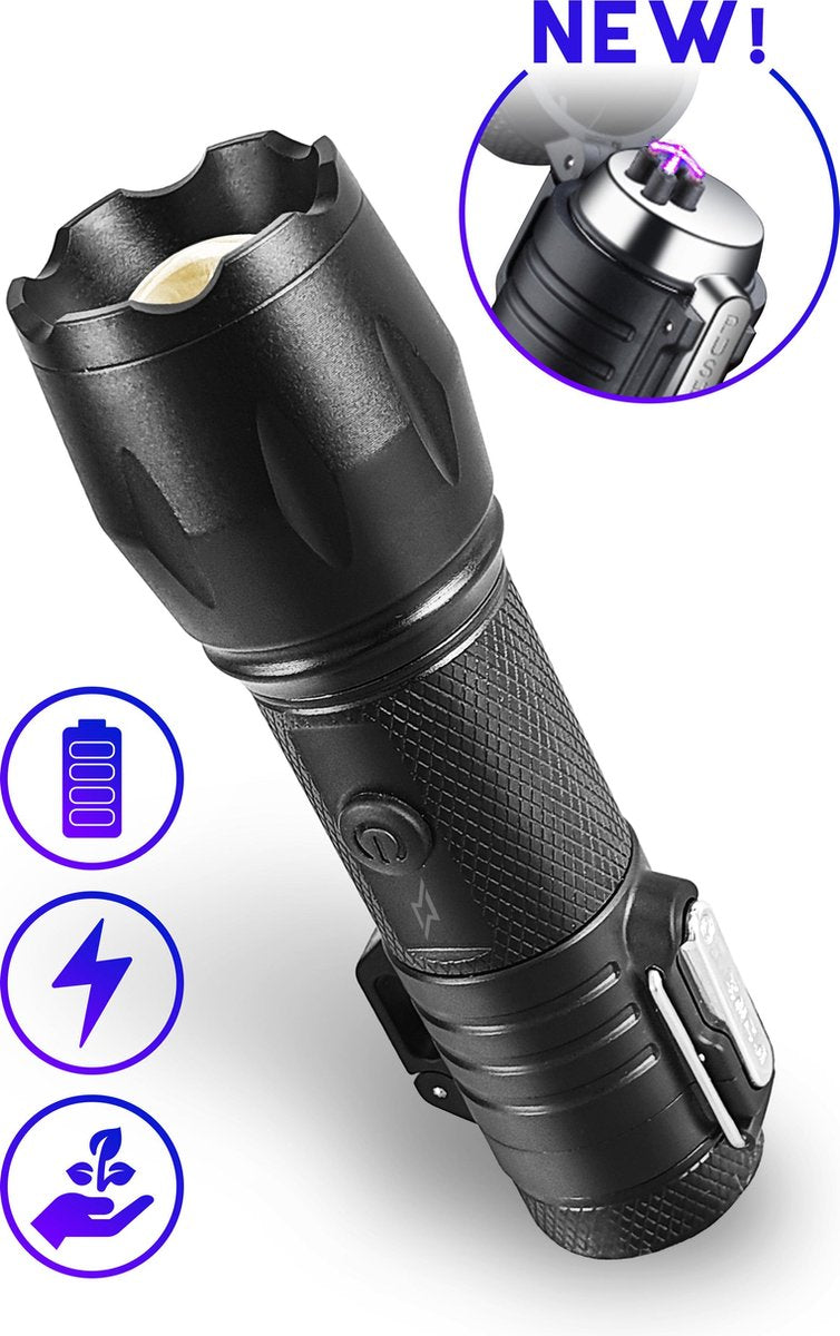 Superlit® Plasma Aansteker - Stalen Stormaansteker - USB Oplaadbare Elektrische Aansteker - Wind en Storm Bestendig met Militaire Zaklamp (Survival PRO)