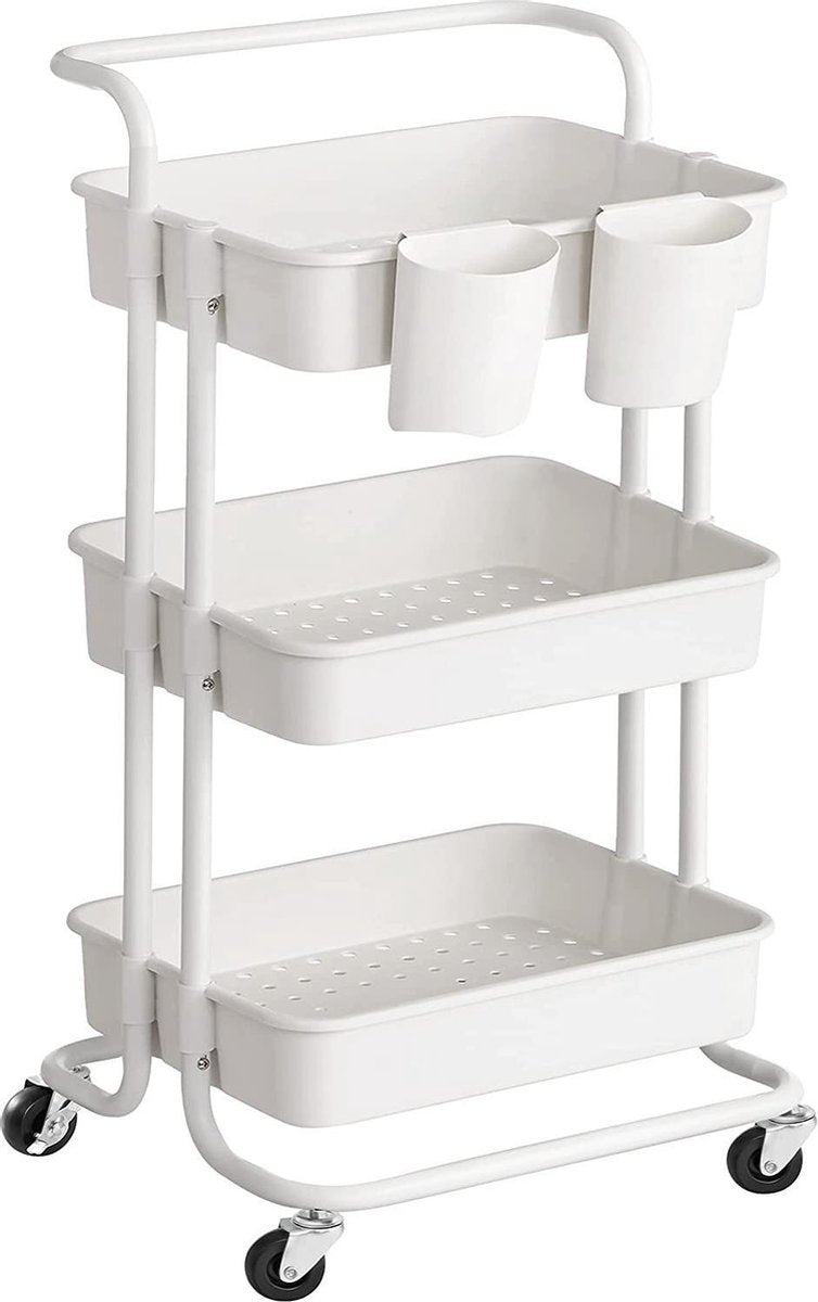Nancy's Terrytown Keukentrolley - 3 Niveaus - Serveerwagen - Handvat - 2 Bakjes - Kunststof - Wit/Zwart - Staal - 41.6 x 33.5 x 86.3 cm