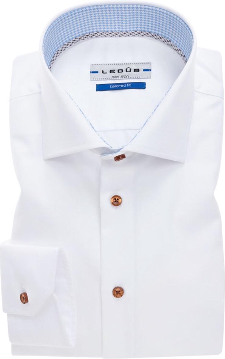 Ledeb Tailored Fit overhemd - wit (contrast) - Strijkvrij - Boordmaat: 47
