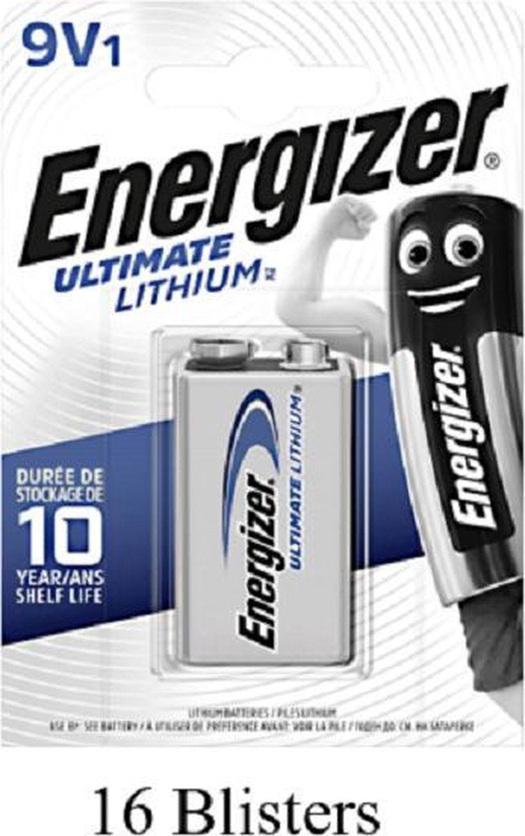 16 stuks (16 blisters a 1 stuk) Energizer Ultimate Lithium 9V blok Batterij / L522 e-block MN1604/6LR61
