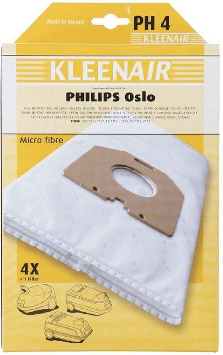 Kleenair PH4 stofzuiger zak met micro filtration Philips Oslo 4 stofzuigerzakken + filter