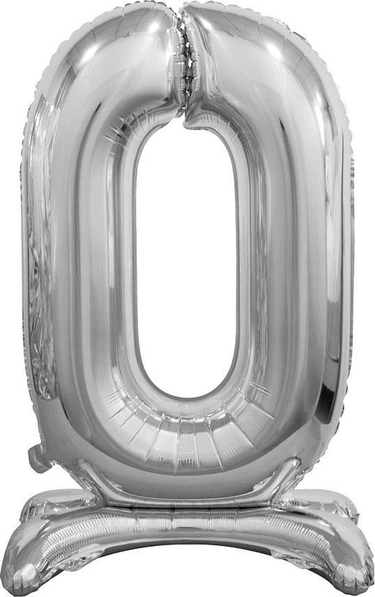 Folie ballon cijfer 0 zilver - met standaard - 76 cm