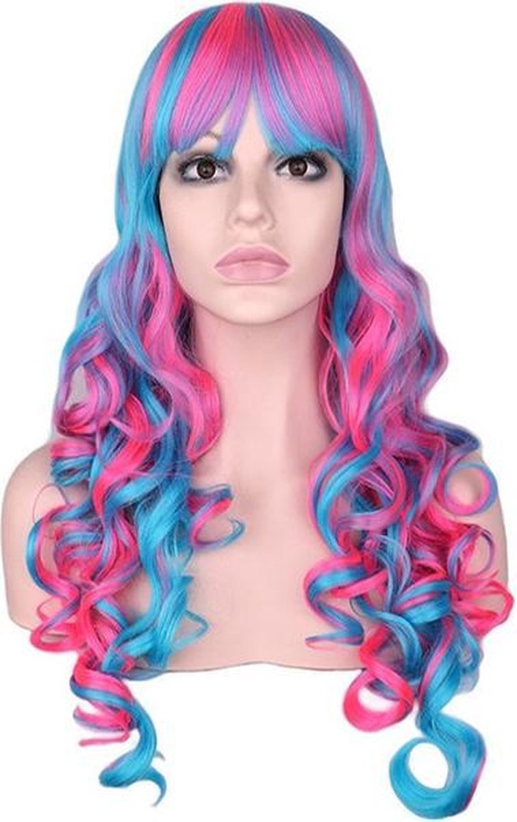 KIMU luxe lange pruik roze blauw met krullen en pony - gekleurde unicorn eenhoorn zeemeermin candy lollipop
