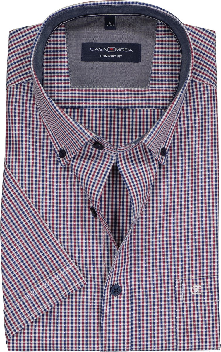 Casa Moda Sport Comfort Fit overhemd - korte mouw - rood met wit en blauw geruit (contrast) - Strijkvriendelijk - Boordmaat: 47/48
