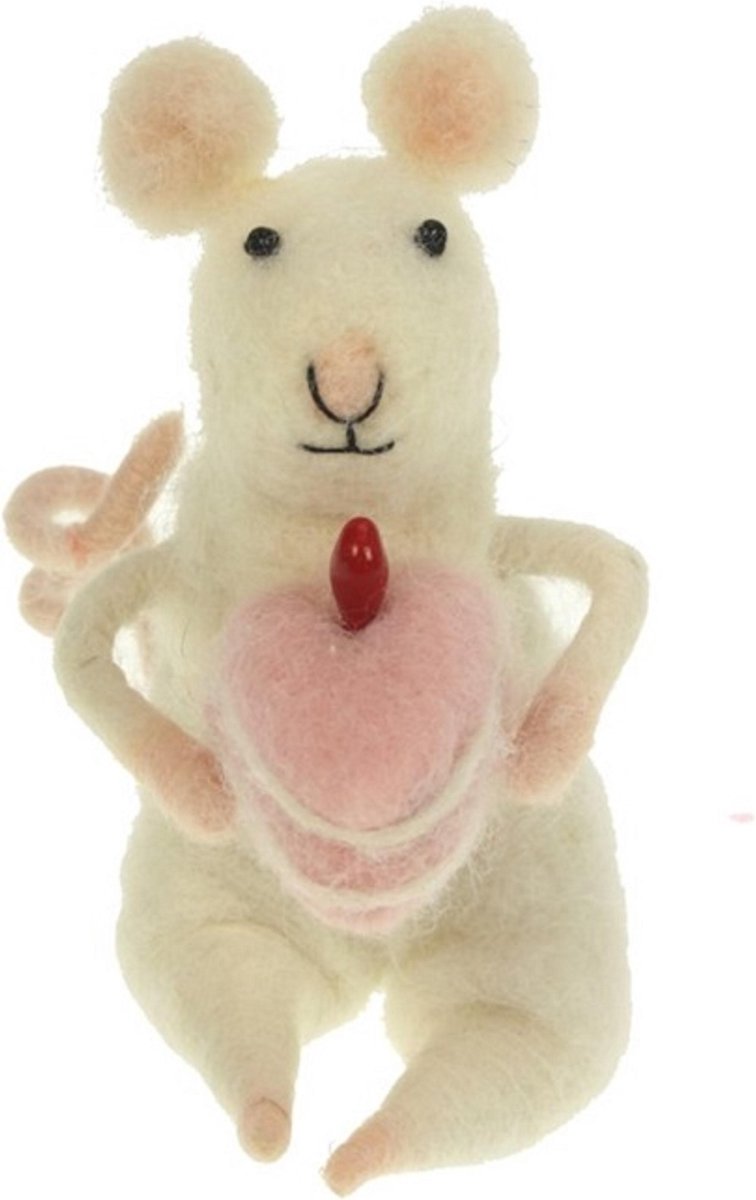 Muis met taart zittend vilt 7x7x11cm