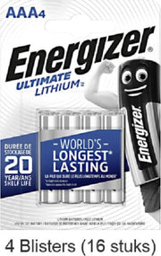16 stuks (4 blisters a 4 stuks) Energizer AAA Ultimate Lithium 1.5V Micro LR03/FR3
