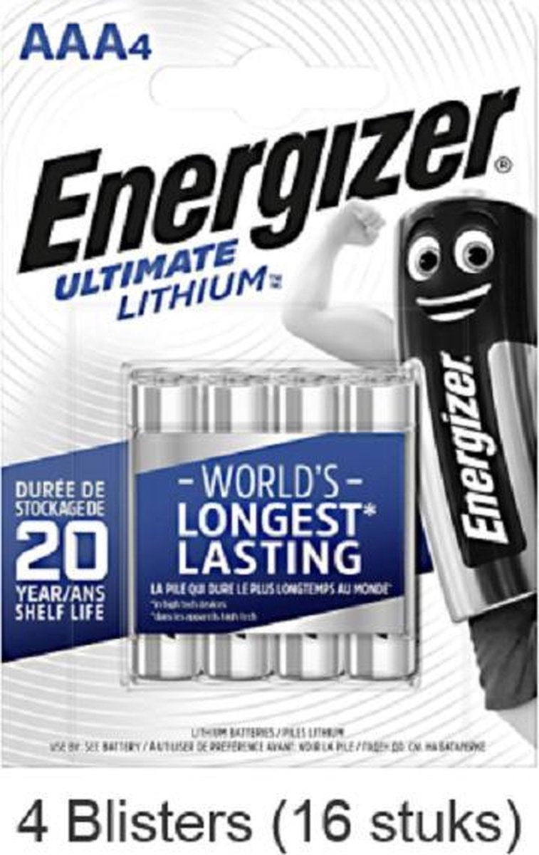 16 stuks (4 blisters a 4 stuks) Energizer AAA Ultimate Lithium 1.5V Micro LR03/FR3