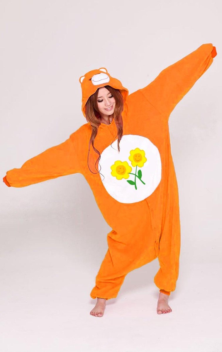 KIMU Onesie Troetelbeer oranje - maat 128-134 - Troetelbeertjes pak Friend Bear bloemen kinder berenpak beer pyjama