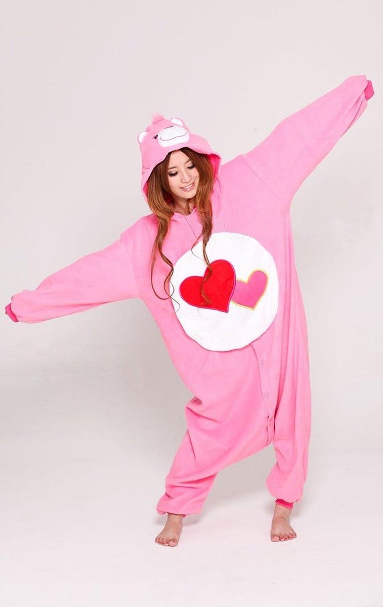 KIMU Onesie Troetelbeer roze hartjes - maat 110-116 - Troetelbeertjes pakje Love-a-Lot kostuum kinder berenpak beer pyjama