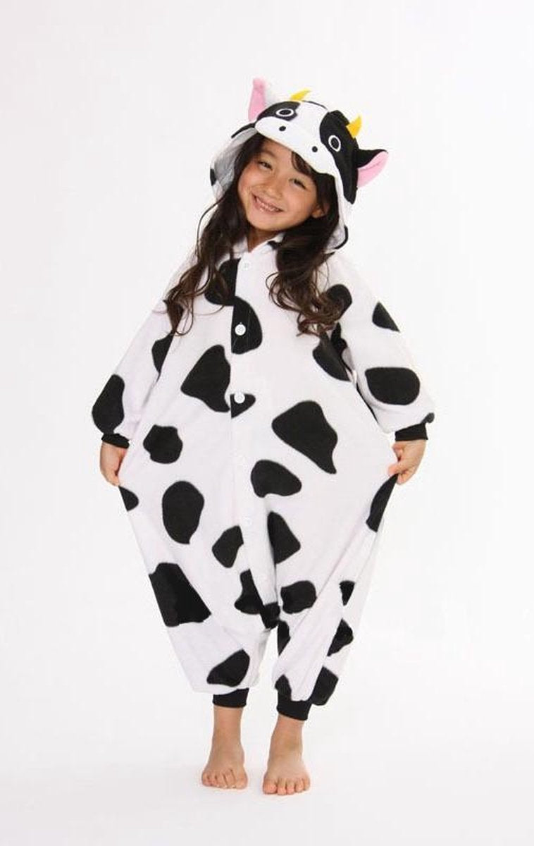 KIMU Onesie koe kinder pakje zwart wit gevlekt kostuum - maat 110-116 - koeienpakje jumpsuit pyjama