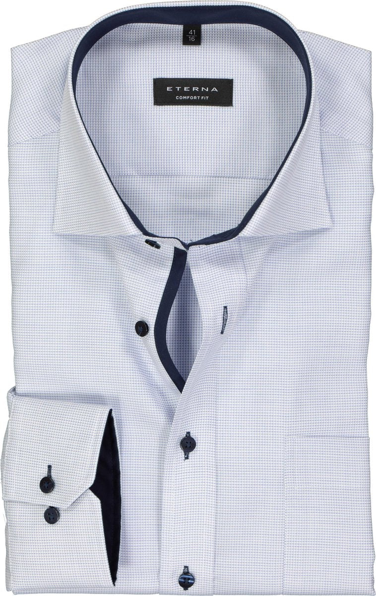 ETERNA comfort fit overhemd - mouwlengte 7 - structuur heren overhemd - lichtblauw met wit (donkerblauw contrast) - Strijkvrij - Boordmaat: 48