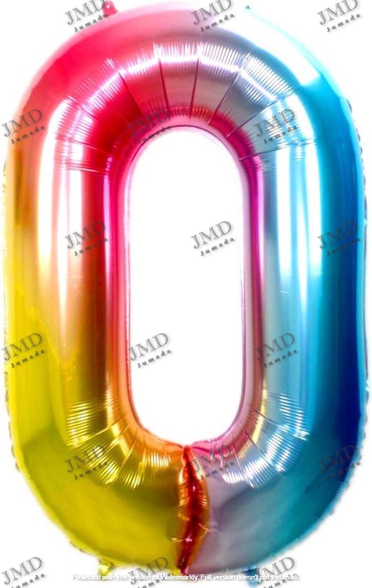 Folie ballon XL 100cm met opblaasrietje - cijfer 0 regenboog - 10 jaar folieballon - 1 meter groot met rietje - Mixen met andere cijfers en/of kleuren binnen het Jumada merk mogelijk