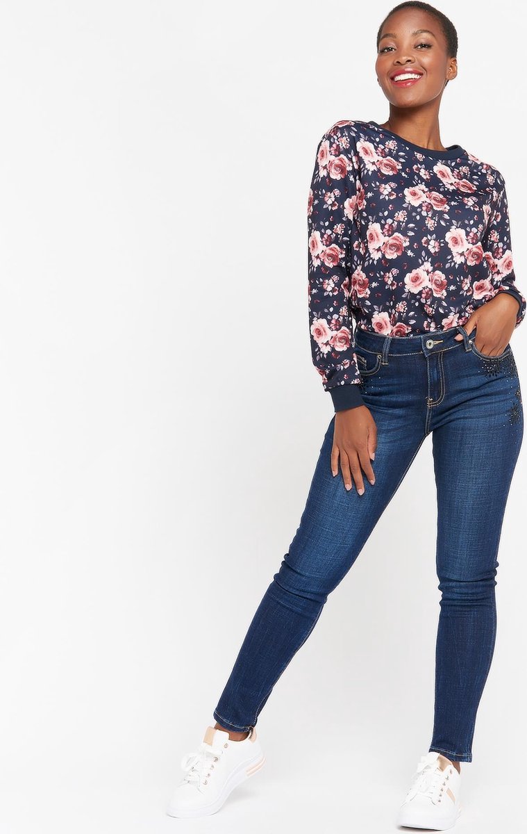Jeans slim fit met strass steentjes - Donker Blauw