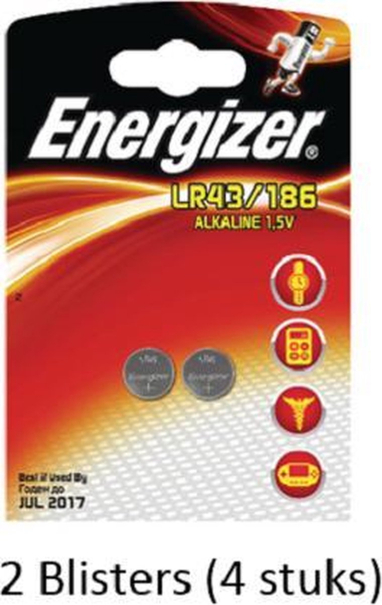 4 stuks (2 blisters a 2 stuks) Energizer knoopcel LR43/186 1.5V