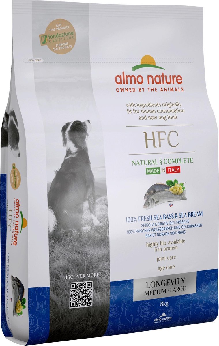 Almo Nature - Hond HFC Longevity brokken voor middelgrote tot grote honden - zeebaars en zeebrasem of varkensvlees - 8kg