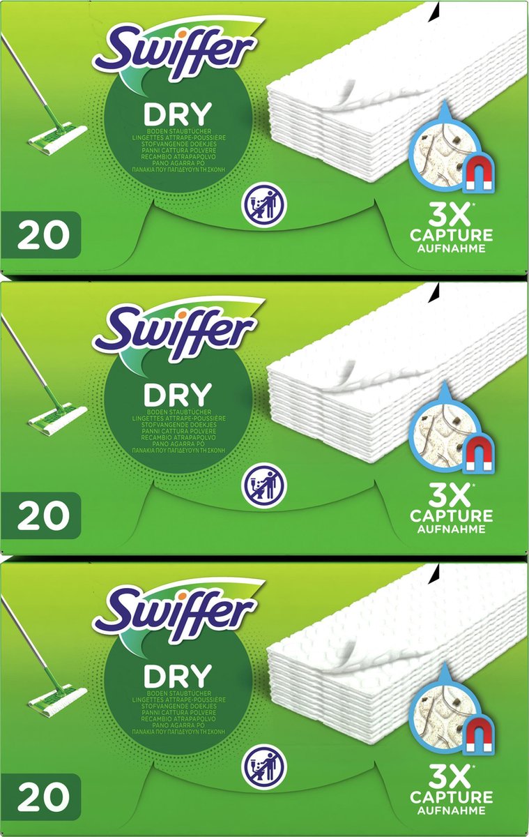 Swiffer Vloerreiniger Droge Vloerdoekjes - Voordeelverpakking 3 x 20 Navullingen